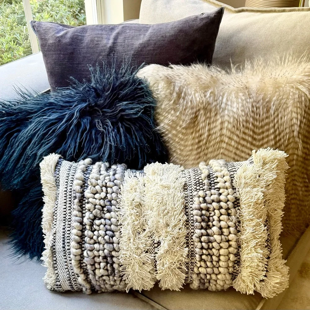 Arhaus Boho Blue Cream Stripe Lumbar Pillow Chunky 24